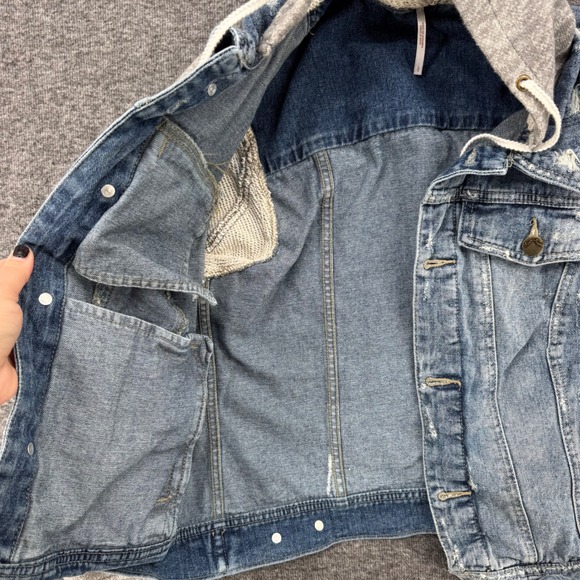 Free People Hooded Denim Jacket Blue Distressed Mixed Media Knit Sleeves Large - Picture 6 of 10